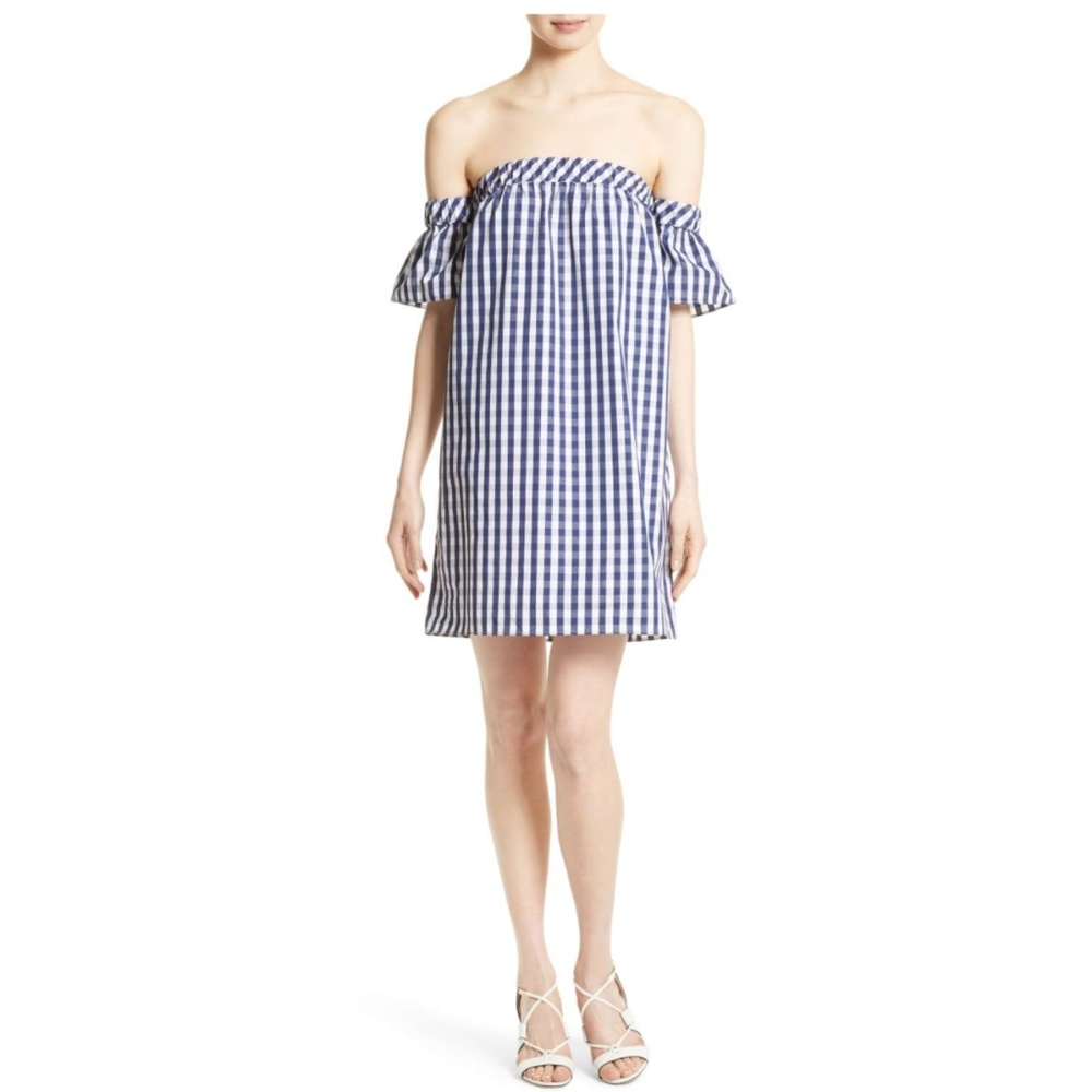 Milly Gingham Off the Shoulder Shift Dress